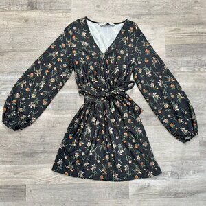 LOB Black Floral Lightweight Faux Wrap Dress Long Sleeve K22